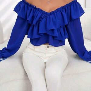 Elegant Blue Ruffle Off-Shoulder Top